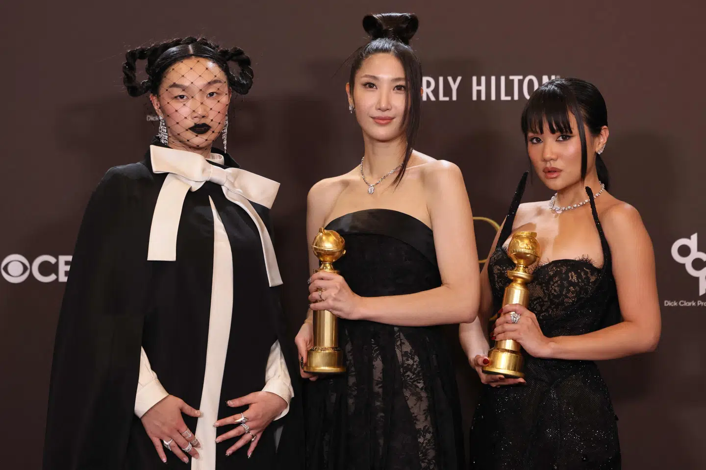 Audrey Nuna, EJAE og Rei Ami er sangstemmerne bag Mira, Rumi og Zoey. Her ses de med til Golden Globes, hvor filmen blandt andet modtog prisen for Bedste Originale Sang. (Arkivfoto).