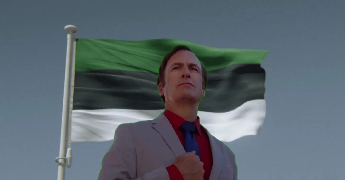 Der benyttes en række memes, som skal vinde folk over. Her er det Saul Goodman fra Netflix-serien 'Better Call Saul', der er sat foran Folkereprublikken Narvas ønskede flag.