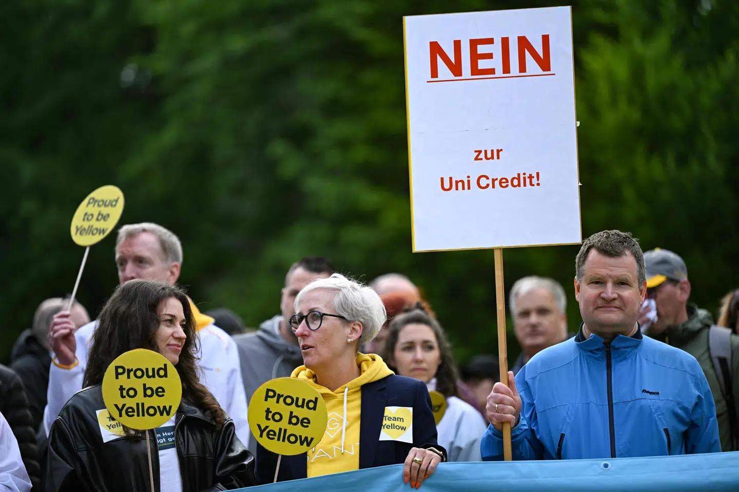Ansatte i den tyske bank Commerzbank protesterede i maj sidste år mod en mulig overtagelse af italienske UniCredit. (Arkivfoto).
