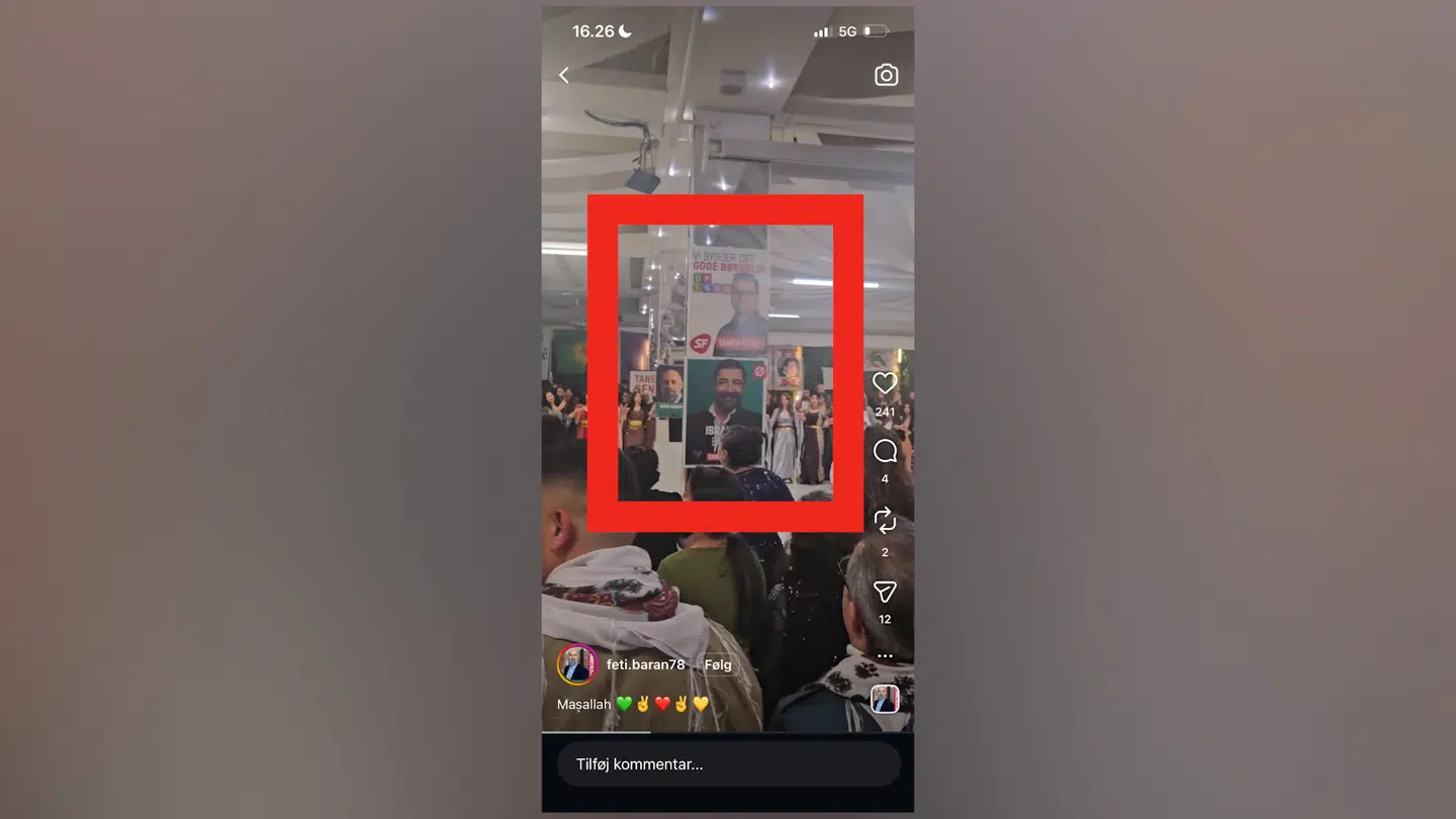 Enhedslistens folketingskandidat, Fatih Baran, har på sin Instagram delt mange videoer fra festen. Her ses blandt andet hans egne valgplakater samt plakater fra hans partifælle og medkandidat, Ibrahim Benli, samt SF-kandidat Taner Genc.