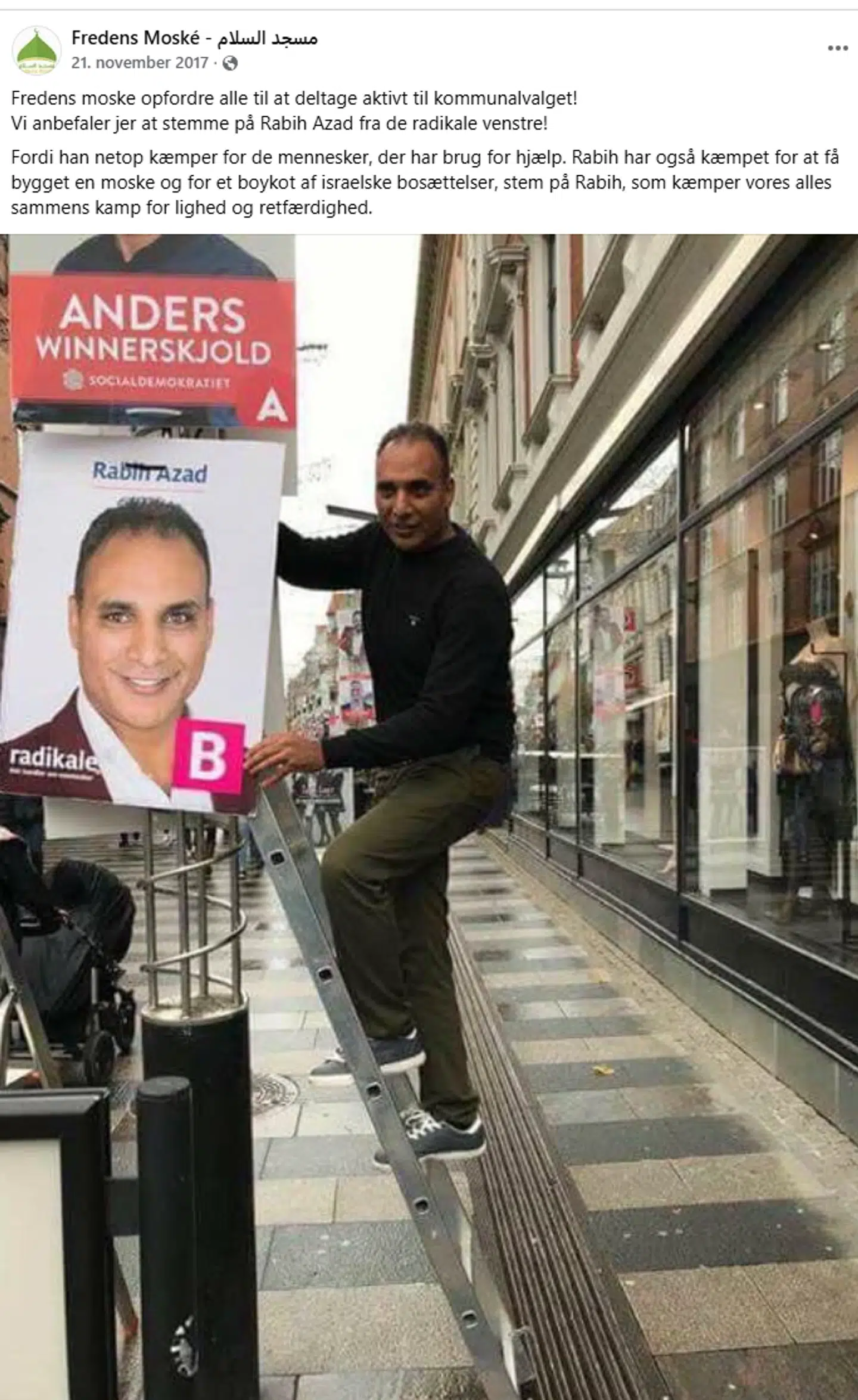 Sådan så det ud i 2017, da Fredens Moské anbefalede sine følgere at stemme på Rabih Azad-Ahmad.