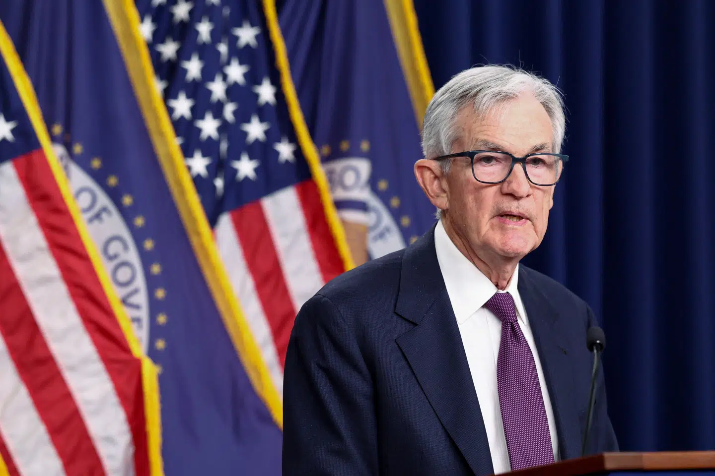 Chef for USA's centralbank Jerome Powell holder pressemøde efter rentemødet i banken onsdag.