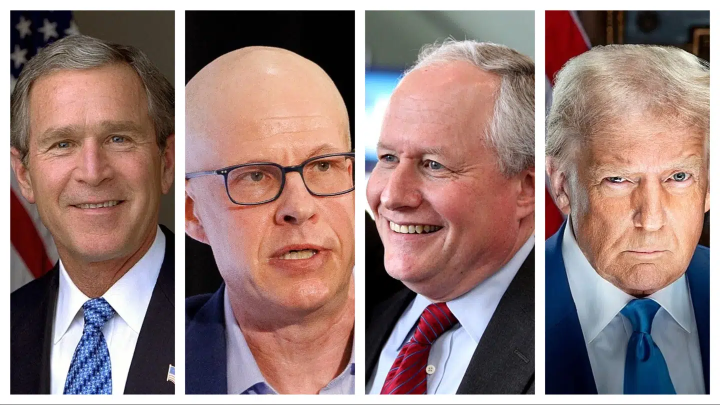 Siden 1990erne har neokonservative tænkere i Washington krævet et opgør med Iran, blandt andet Max Boot og Bill Kristol (i midten), og under præsident Bush (til venstre) kom de til magten. Nu har præsident Trump givet dem deres krig mod Iran, og de hader den.