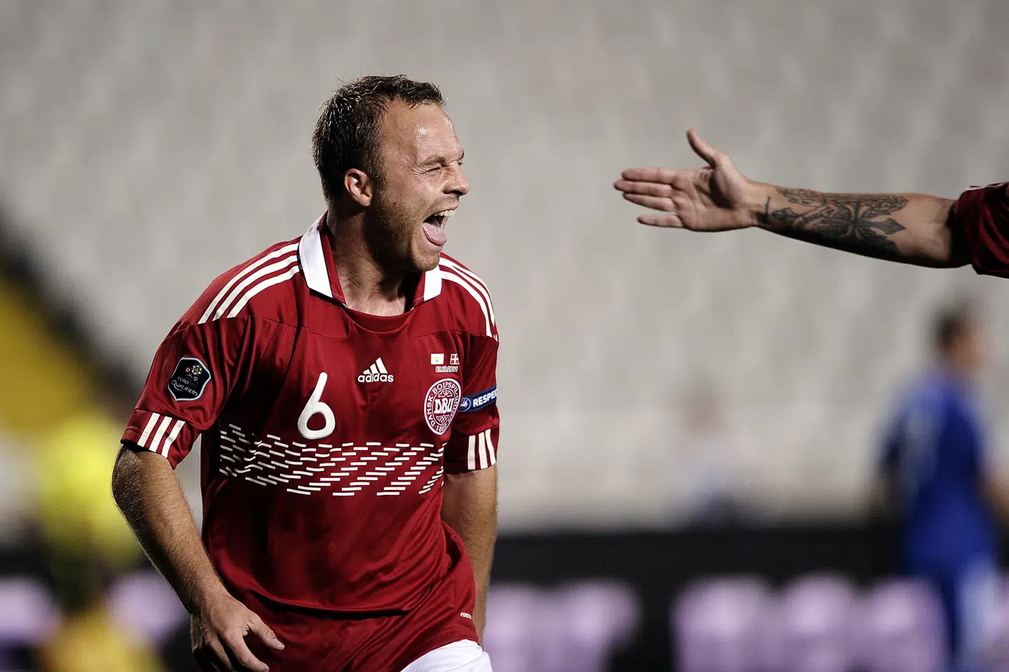 Lars Jacobsen jubler efter scoringen til 1-0 i EM kvalifikationskampen mod Cypern i oktober 2011. Han begynder 1. maj som chef for netop landsholdet. (Arkivfoto).