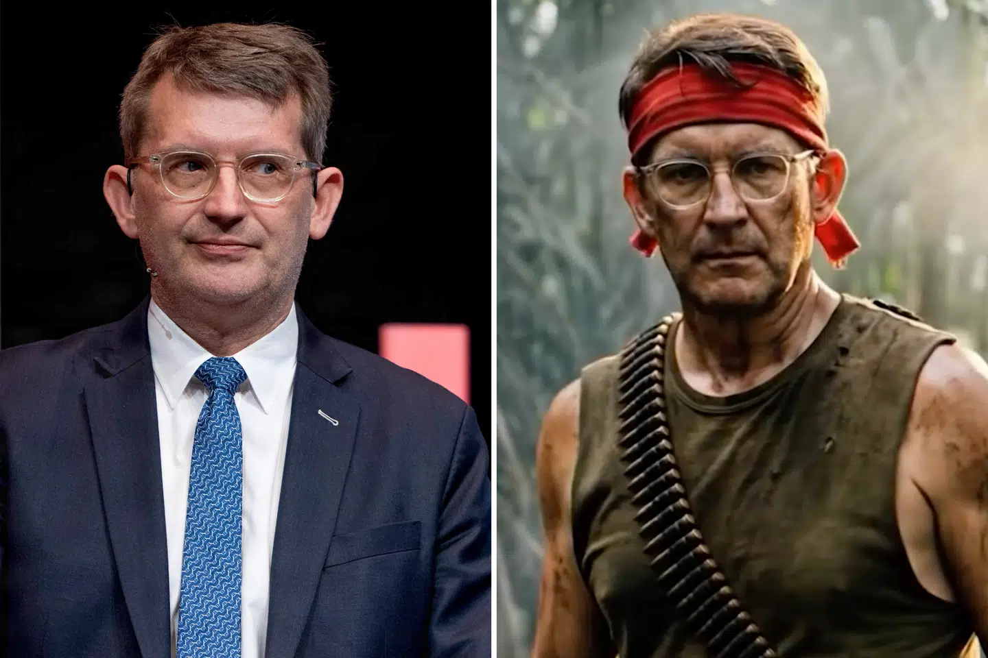 Troels Lund Poulsen. Billedet til højre er et ai-genereret billede fra Venstres kampagne på sociale meder.