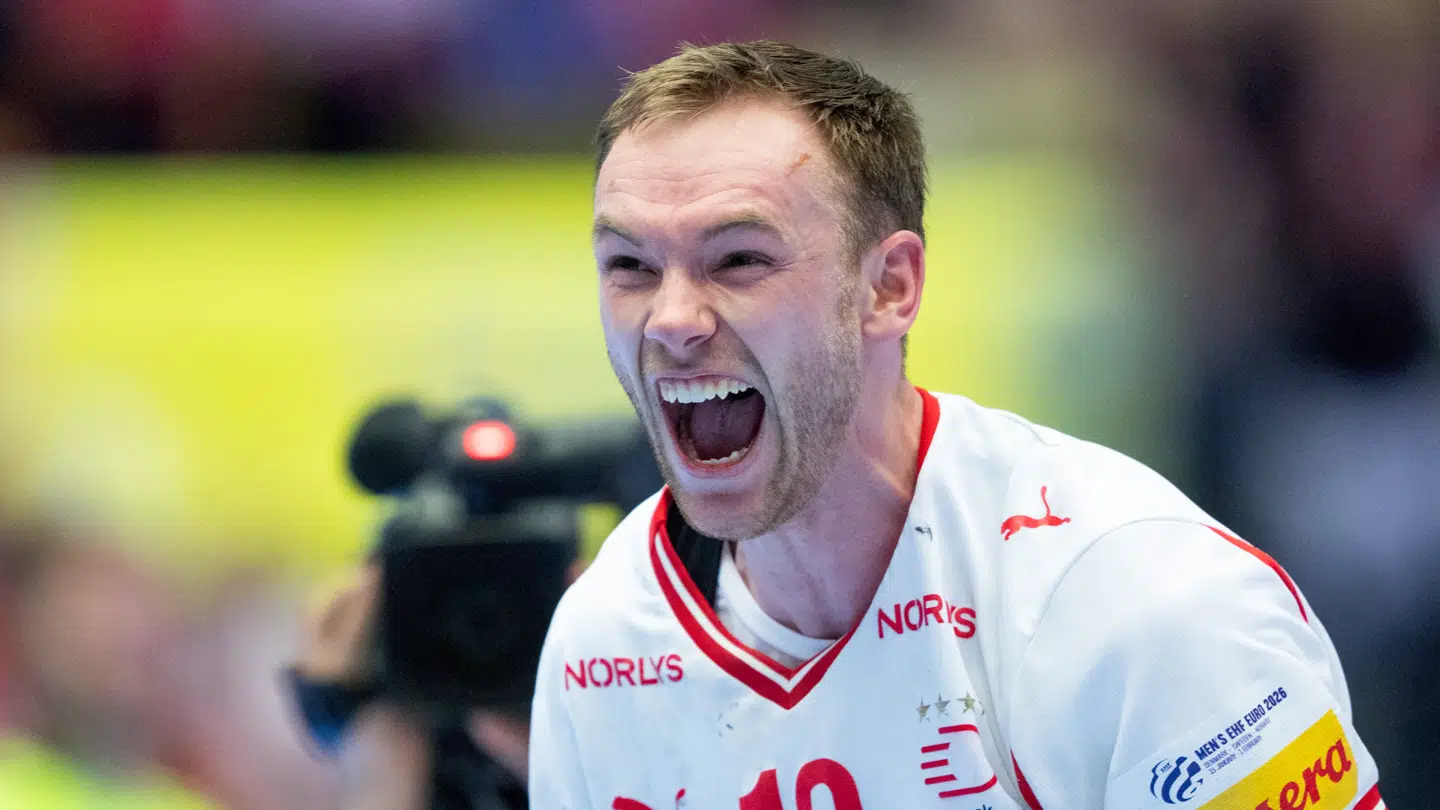 Danmarks Mathias Gidsel reagerer under EHF Euro 2026 semifinalekampen mellem Danmark og Island i Jyske Bank Boxen i Herning, fredag den 30. januar 2026.