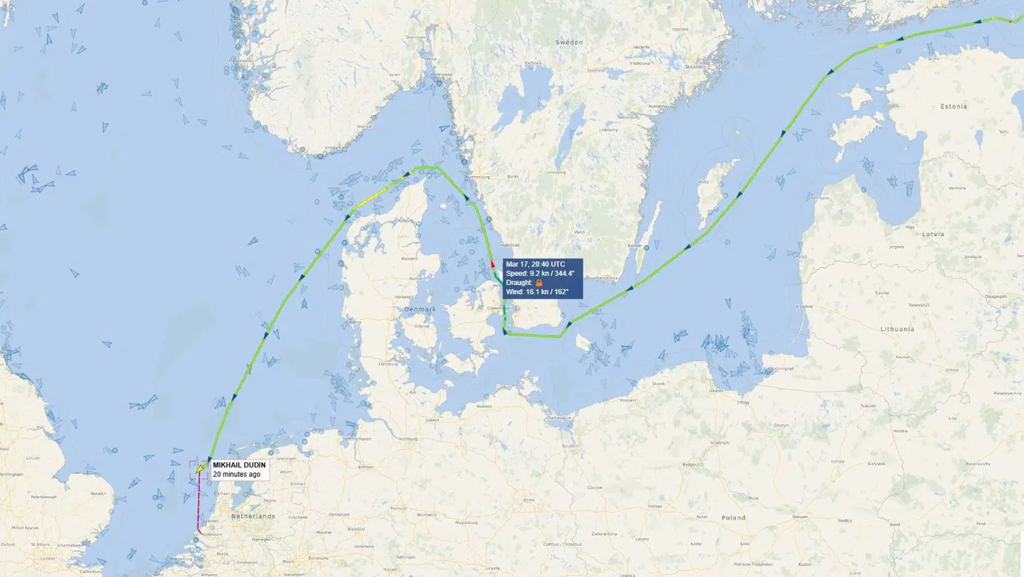 Det russiske fragtskib Mikhail Dudins kurs nær Danmark de seneste dage.