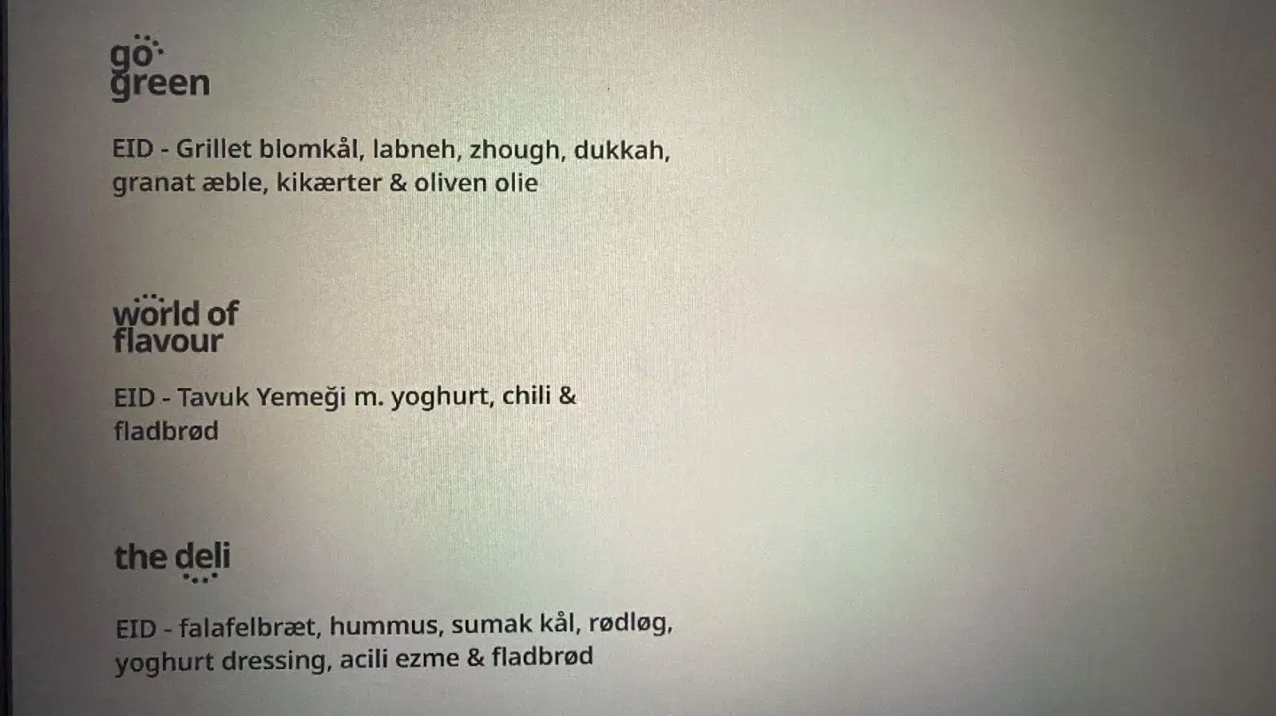 Mandagens menu hos DSB i den kommende uge.