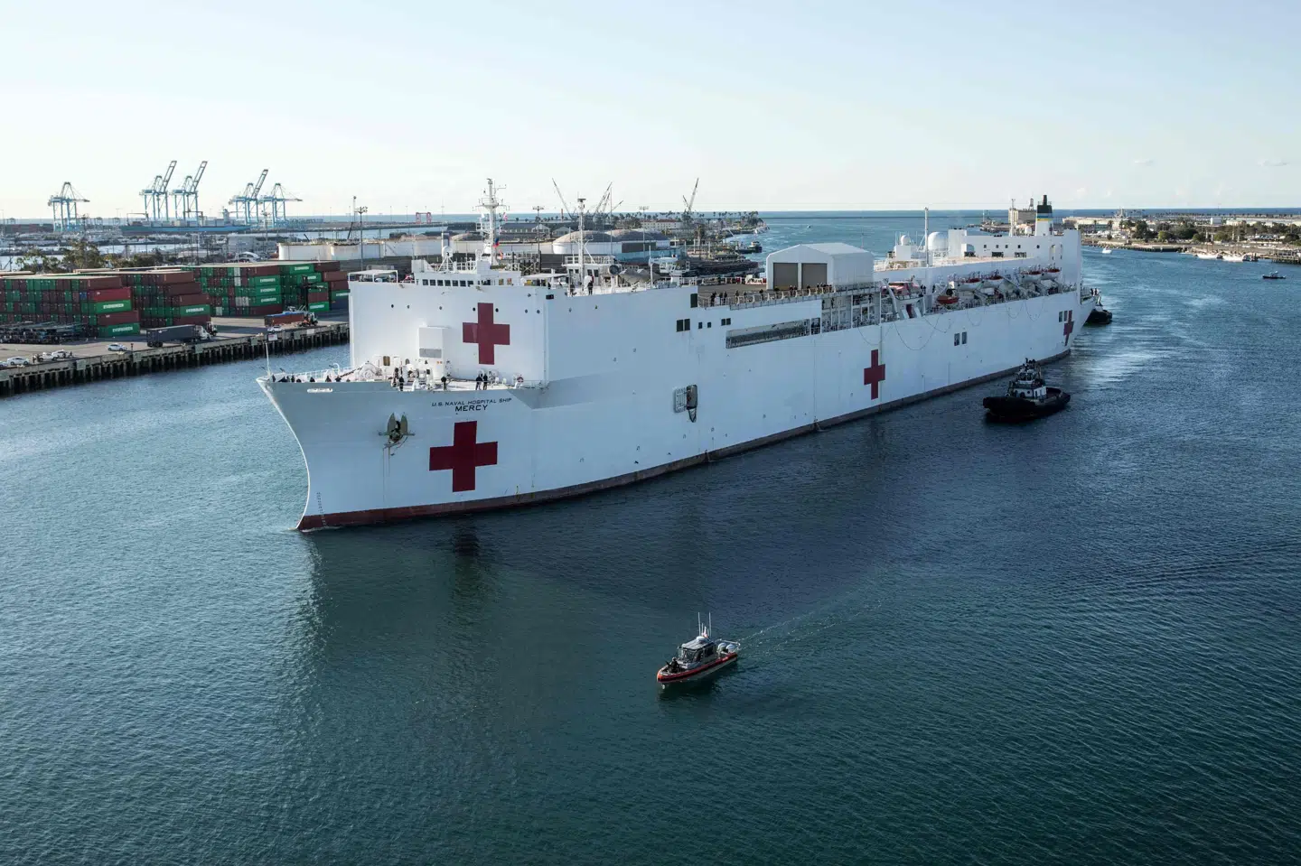 Billedet er fra marts 2020 og viser skibet USNS "Mercy". Det ankom torsdag til Portland i amerikanske Oregon. (Arkivfoto).