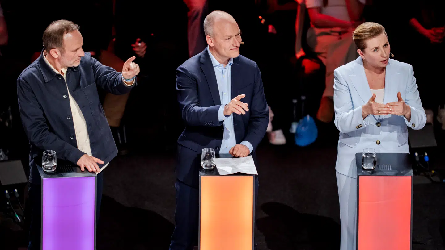Her ses Martin Lidegaard (RV), Pelle Dragsted (EL) og Mette Frederiksen (S) under partilederdebatten Demokratiets Aften på DR søndag aften.