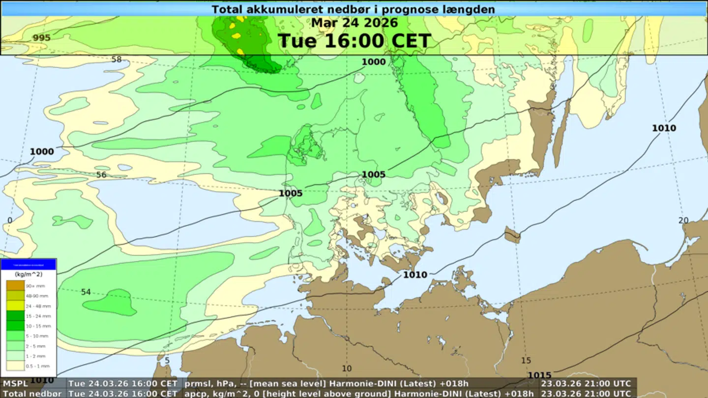 På denne grafik ses et bud på de samlede mængder regn frem til tirsdag eftermiddag klokken 16.