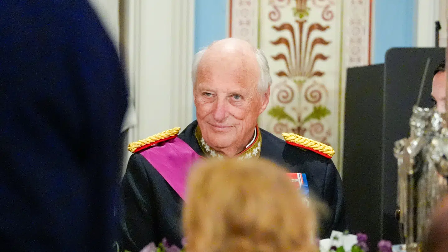 Kong Harald under gallamiddag på Slottet i forbindelse med et besøg fra det belgiske kongepar.