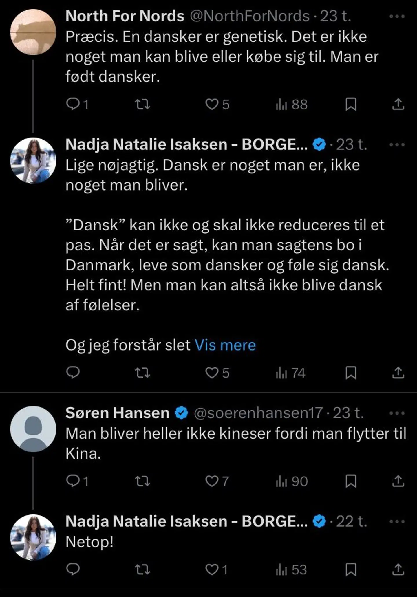 Her ses nogle af Nadja Natalie Isaksens svar til øvrige brugere på det sociale medie X, som forfatter Mathias Hee Pedersen har fundet frem.