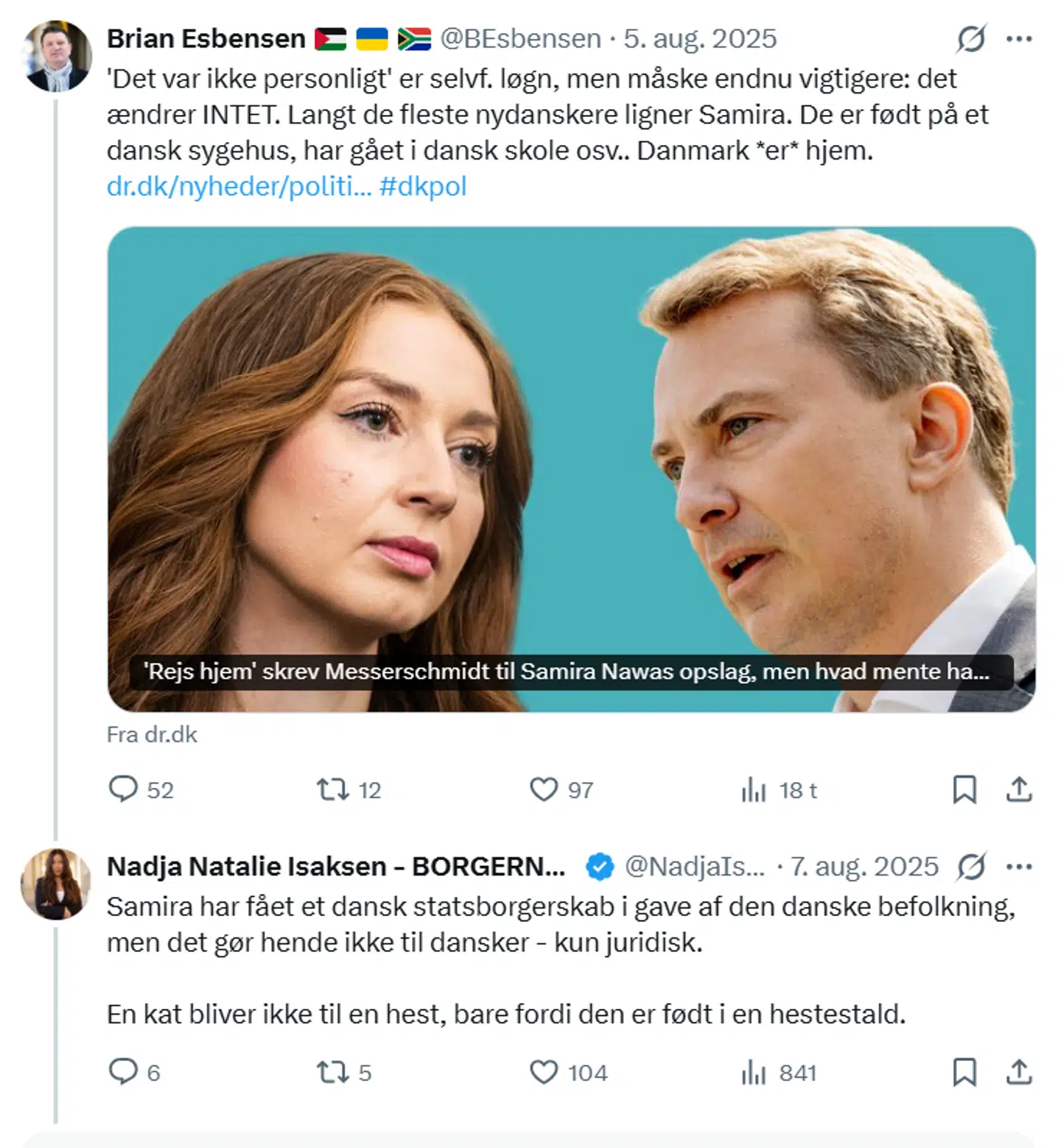 Her ses en af flere kommentarer fra Nadja Natalie Isaksen om Radikale Venstres folketingsmedlem, Samira Nawa.