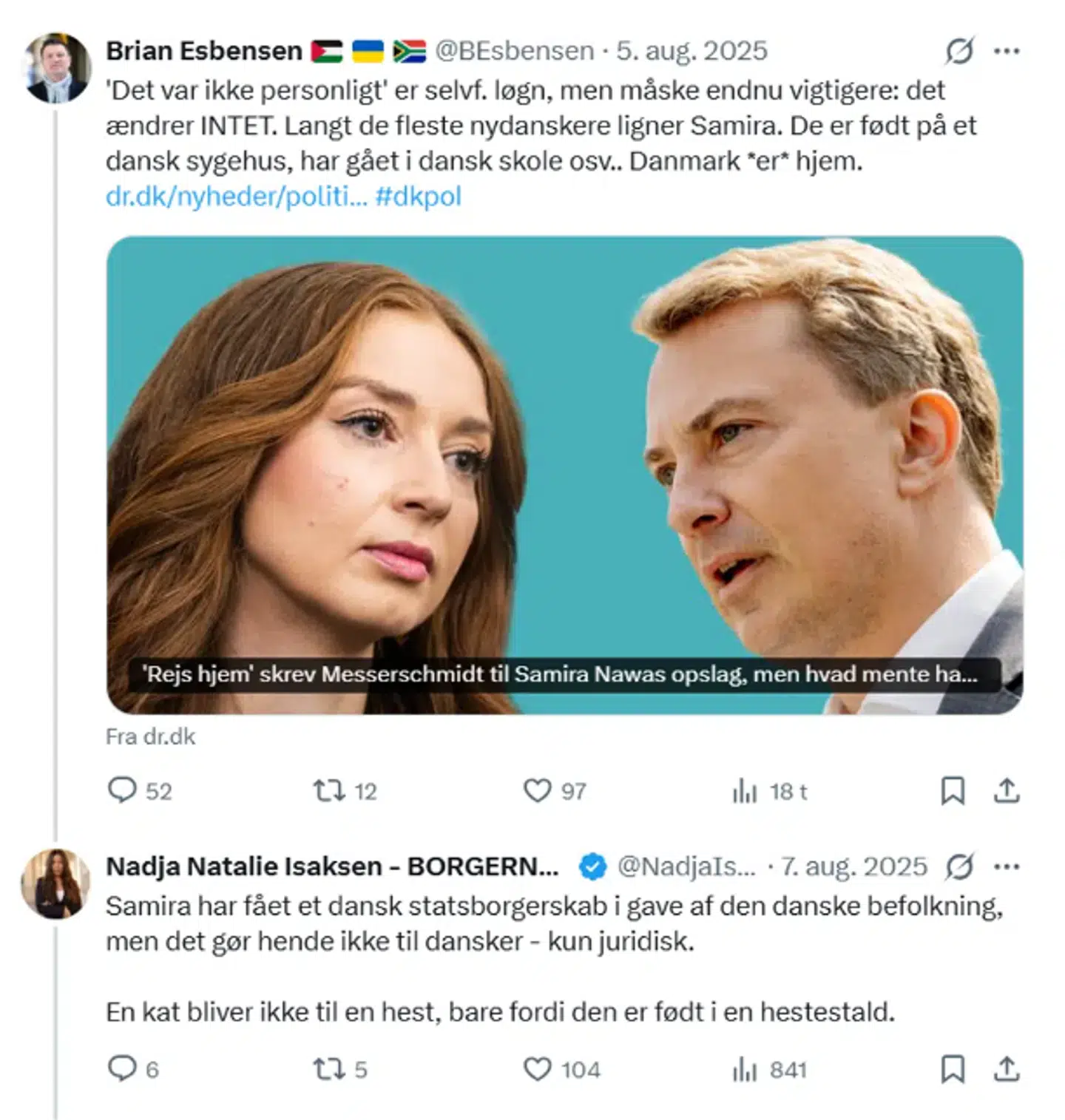 Her ses en af flere kommentarer fra Nadja Natalie Isaksen om Radikale Venstres folketingsmedlem, Samira Nawa. Screenshot fra X