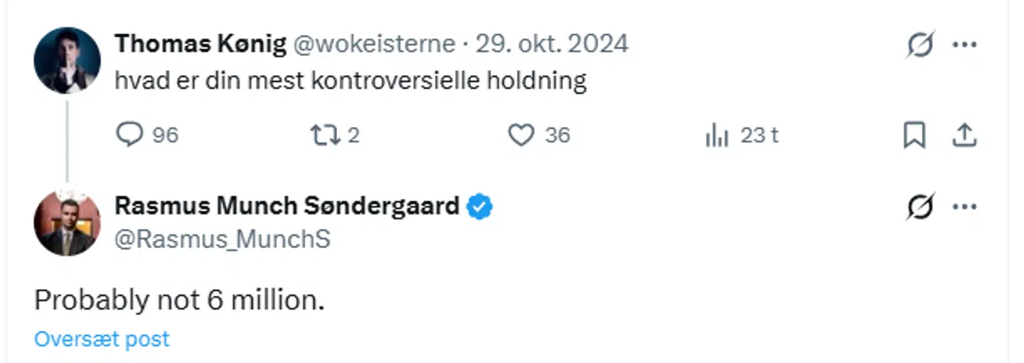 Her svarer Rasmus Munch Søndergaard i et opslag på X, at hans mest kontroversielle holdning er, at nazisterne ikke slog seks millioner jøder ihjel under holocaust. Ifølge folkedrab.dk blev seks millioner jøder dræbt under holocaust.