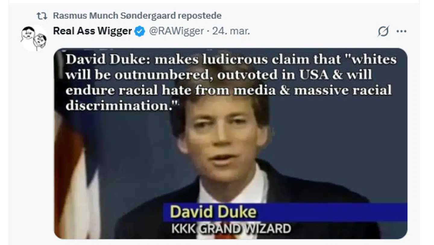 Rasmus Munch Søndergaard delte for nylig et opslag på X til støtte for Ku Klux Klan-lederen David Duke.