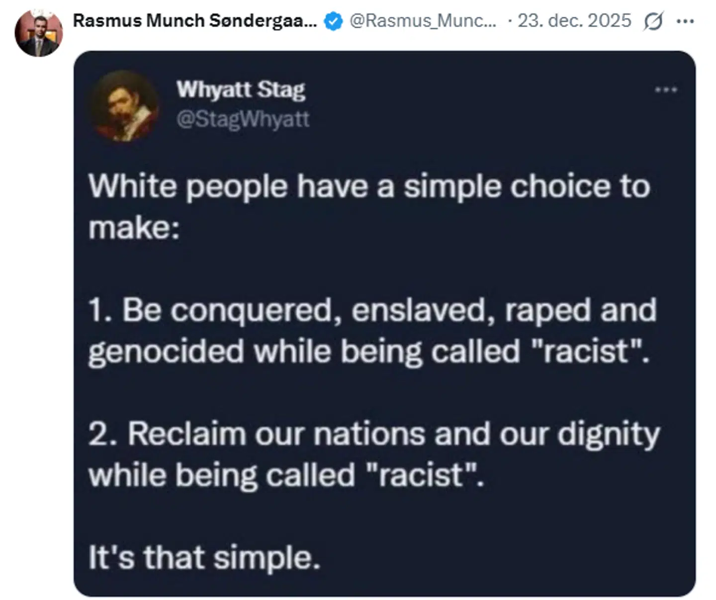 Rasmus Munch Søndergaard kredser i mange opslag på X om den hvide races overlevelse. Her er et eksempel.