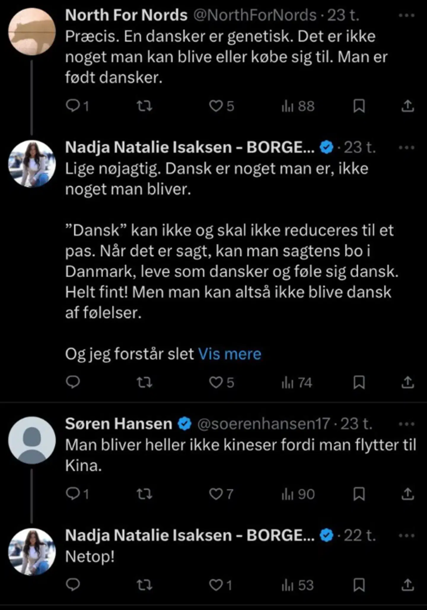 Her ses en af flere kommentarer fra Nadja Natalie Isaksen om Radikale Venstres folketingsmedlem, Samira Nawa. Screenshot fra X