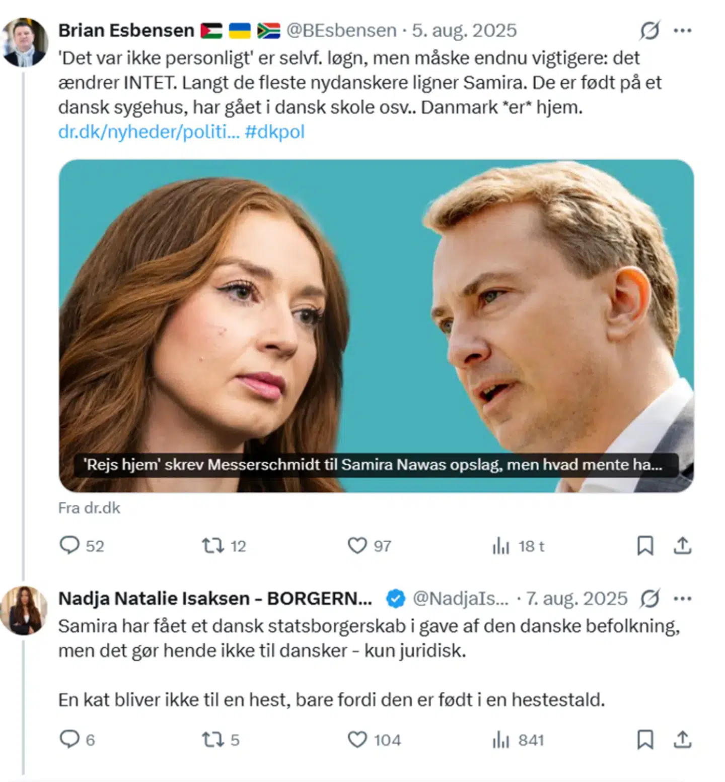 Her ses en af flere kommentarer fra Nadja Natalie Isaksen om Radikale Venstres folketingsmedlem, Samira Nawa. Screenshot fra X