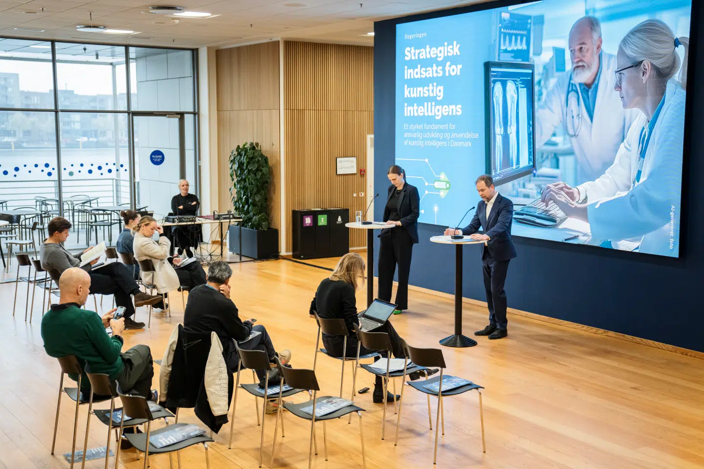 Digitaliseringsminister Caroline Stage Olsen (M) og finansminister Nicolai Wammen (S) præsenterer »Strategisk indsats for kunstig intelligens – Et styrket fundament for ansvarlig udvikling og anvendelse af kunstig intelligens i Danmark« i december 2024.