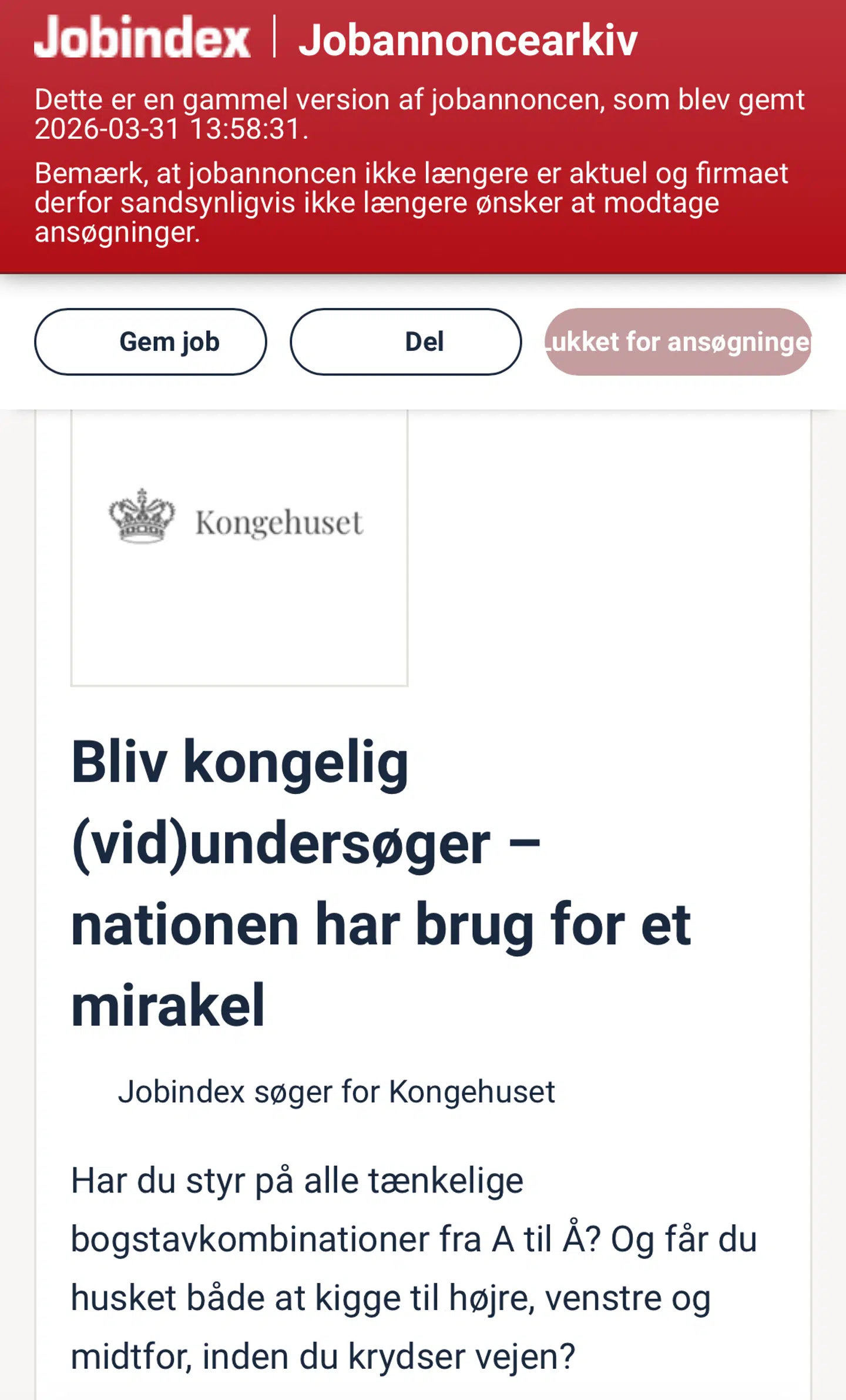 Således ser Jobindex' aprilsnar med Kongehuset ud, efter opslaget er blevet taget ned fra jobsøgningsplatformen. Foto: Screenshot / Jobindex