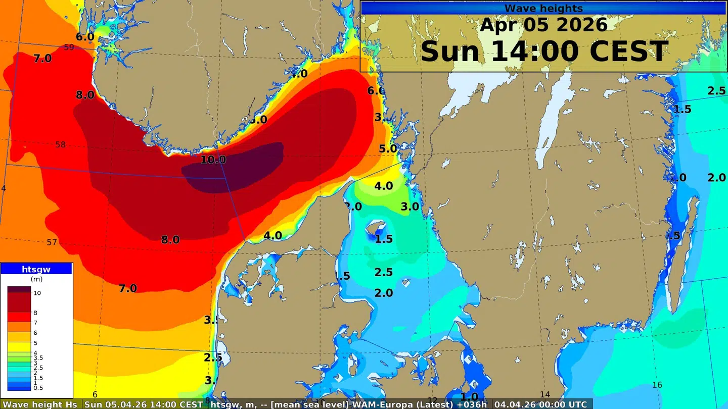 Her ses en grafik over de forventede bølge-højder søndag eftermiddag.