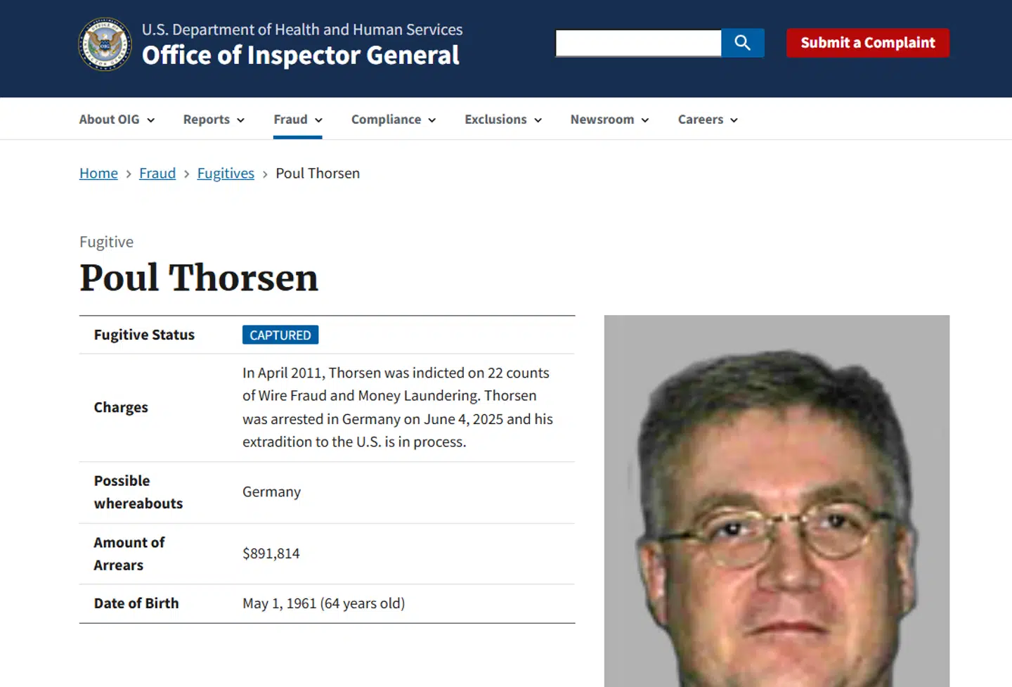 Sådan ser efterlysningen af Poul Bak Thorsen ud på de amerikanske sundhedsmyndigheders hjemmeside.