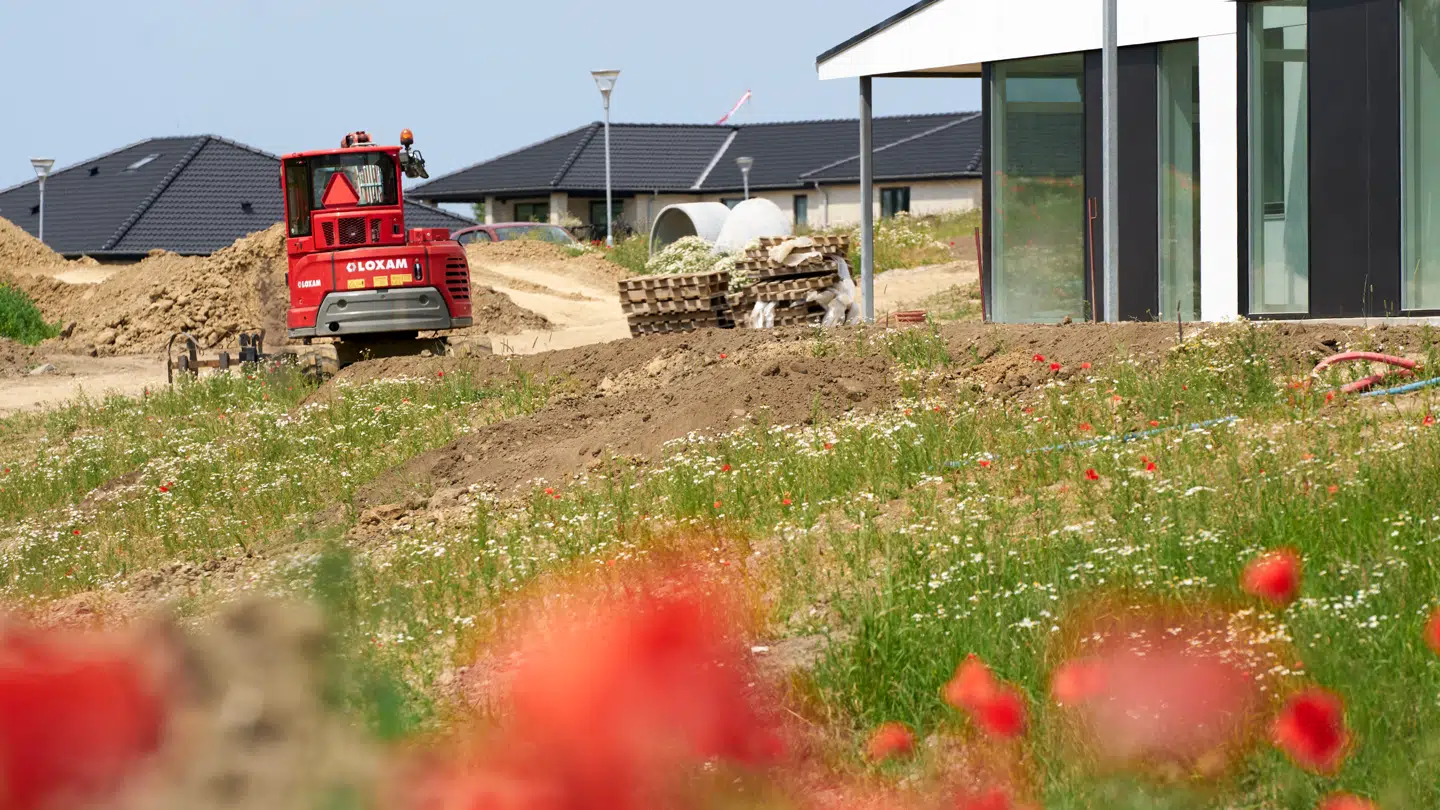 Byggeprojekter kan blive væsentligt dyrere på grund af de stigende priser på byggematerialer efter krigen i Mellemøsten. Her ses nye boliger under opførsel i Vig i Odsherred i juni 2021.