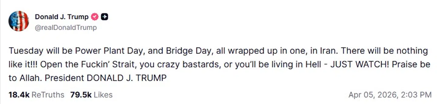 Her ses det opslag, som Donald Trump søndag skrev på Truth Social.