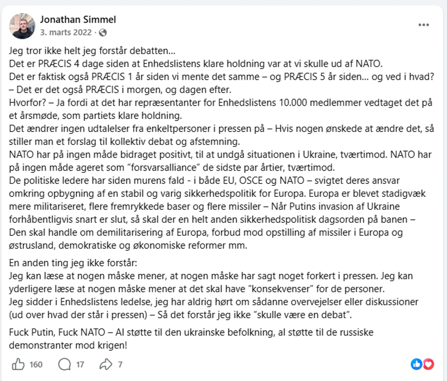 »Fuck NATO,« lød det blandt andet fra Jonathan Simmel i et opslag på Facebook i marts 2022.