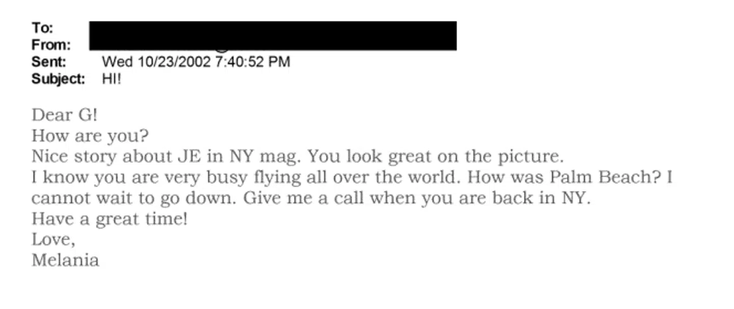 Her ses den omtalte besked fra Melania Trump, dengang Melania Knauss, til Ghislaine Maxwell.