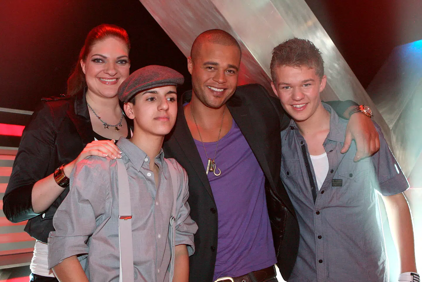 Remee med sine deltagere i den første sæson af 'X Factor' - Martin Hedegaard, Basim Moujahid og Laura Arensbak Kjærgaard.