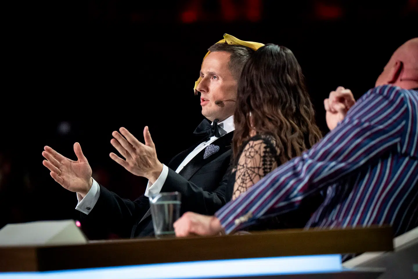 Benjamin Hav, Drew Sycamore og Thomas Blachman under finalen i X Factor 2026 i SJF Bank Arena i Odense fredag den 10. april 2026. (Foto: Sebastian Elias Uth/Ritzau Scanpix)
