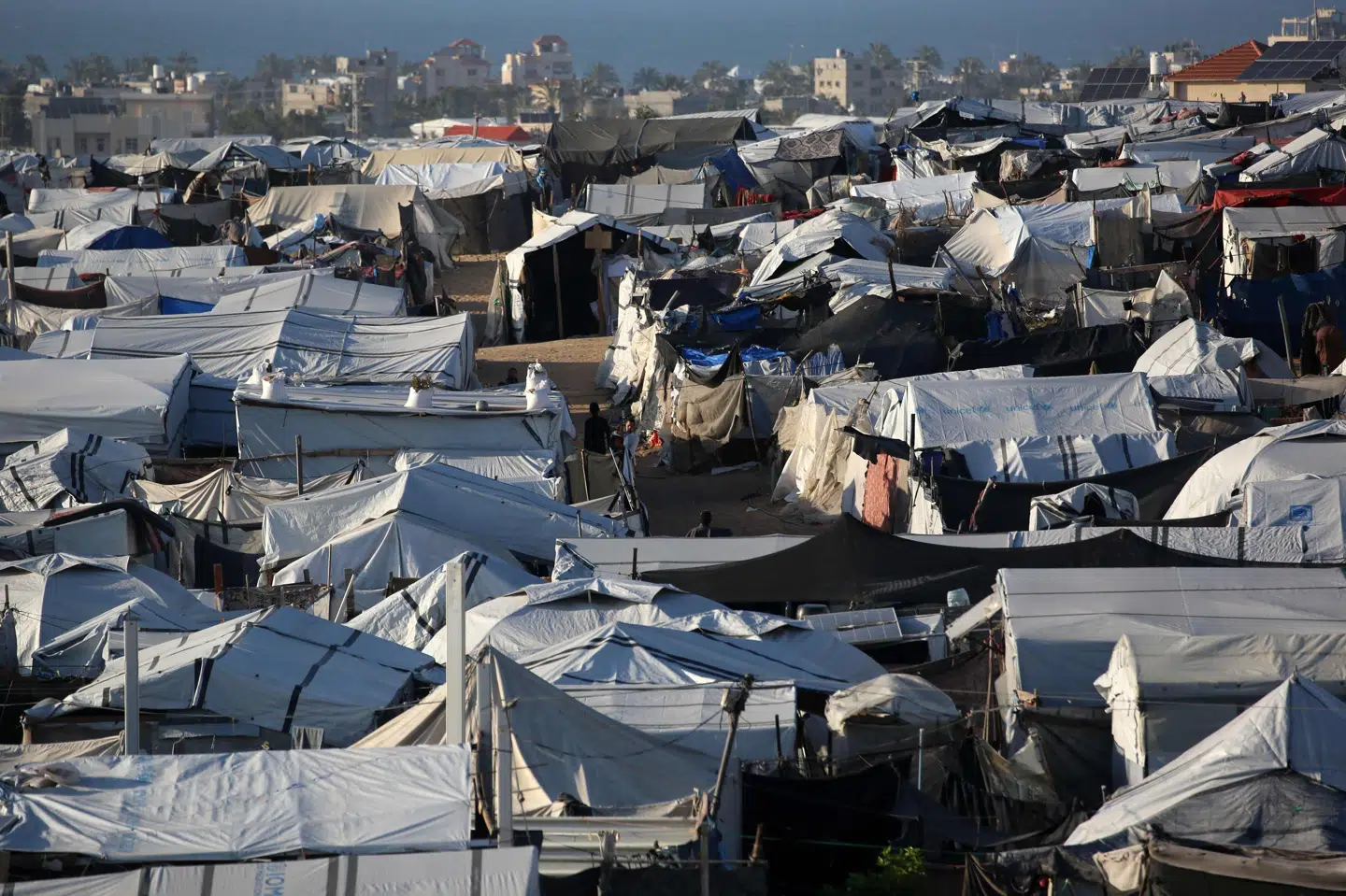 Folk går mellem telte i en midlertidig lejr for fordrevne palæstinensere i Khan Younis i det sydlige Gaza. 80 procent af Gazas bygninger er blevet ødelagt under to år med israelske angreb.
