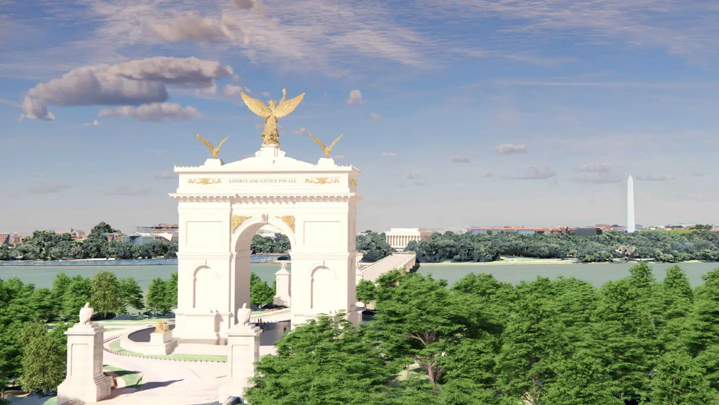 Donald Trumps planlagte triumfbue i Washington.