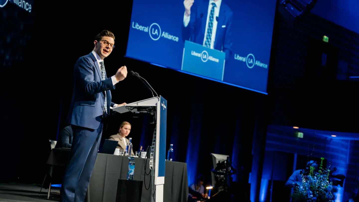 Her ses LA-formand Alex Vanopslagh tale til Liberal Alliances landsmøde lørdag i Tivoli Congress Center i København.