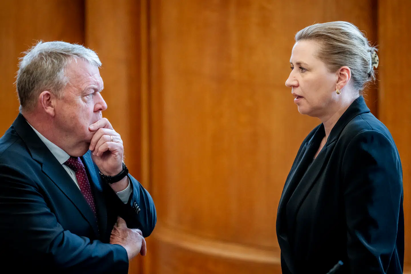 Lars Løkke Rasmussen (M) og Mette Frederiksen (S) da det nyvalgte Folketing holder første møde på Christiansborg i København, fredag den 10. april 2026.. (Foto: Mads Claus Rasmussen/Ritzau Scanpix)