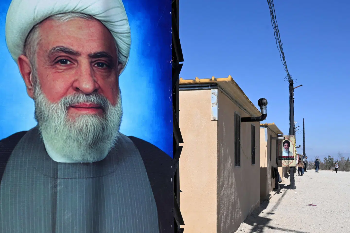 En plakat med Naim Qassem, der er leder af den shiamuslimske og iranskstøttede gruppe Hizbollah, hænger i en del af Bekaa-dalen i Libanon, hvor mange af de fordrevne fra kampene i det sydlige Libanon har søgt tilflugt. Hizbollah-lederen siger, at den militante gruppe vil "blive i felten til vores sidste åndedrag". (Arkivfoto).