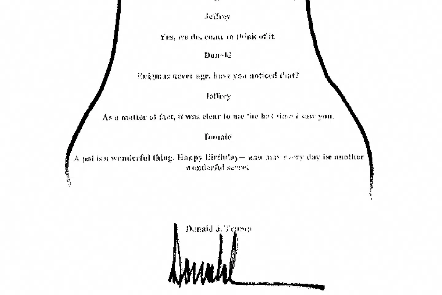 Et fødselsdagskort, som Trump angiveligt gav den afdøde Jeffrey Epstein for over 20 år siden. Det er tilsyneladende underskrevet af Trump, der dog afviser at stå bag det. (Arkivfoto).