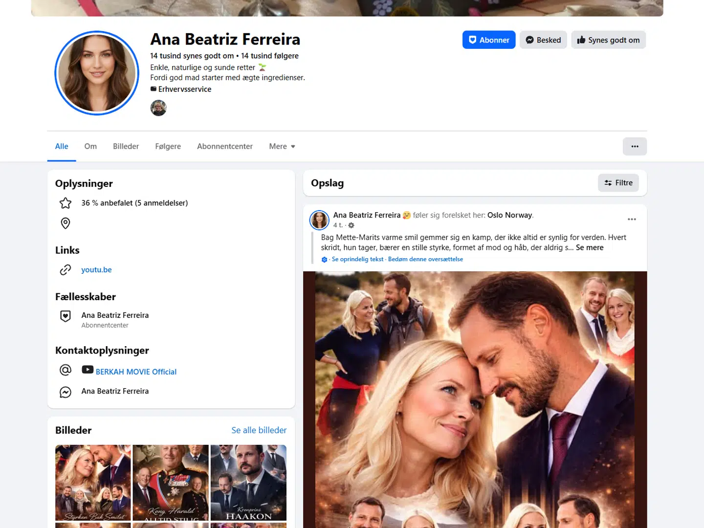 Således ser det ud hos en af de mystiske Facebook-profiler, som pludselig overstrømmer det sociale medie med AI-generet skamros af det norske kongefamilie. Foto: Screenshot / Facebook