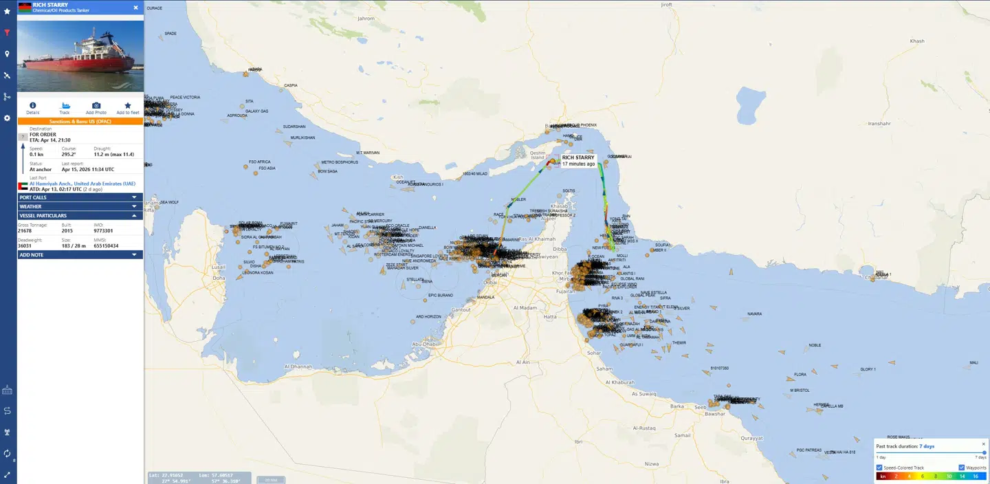 Rich Starrys kurs gennem Hormuzstrædet og retur de seneste døgn.