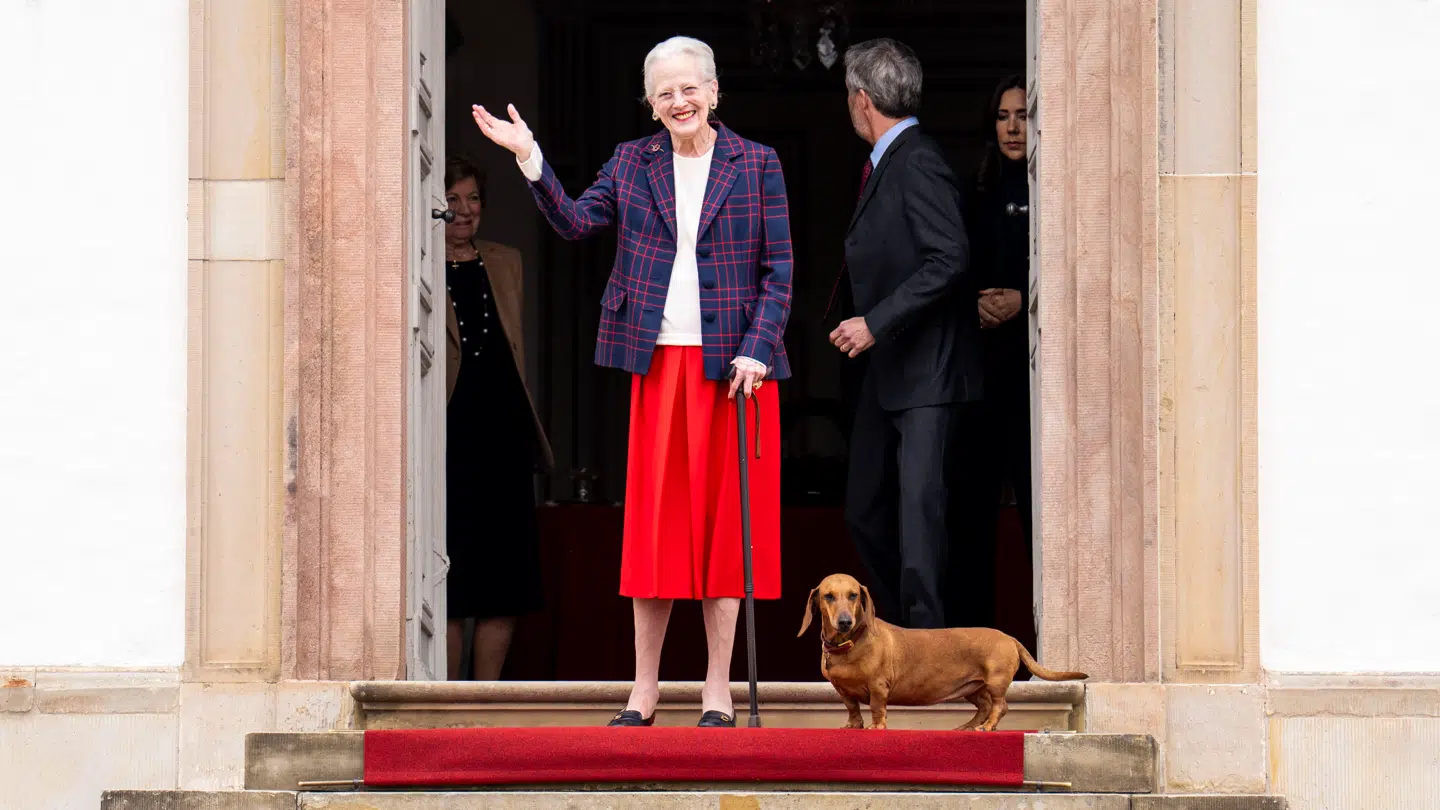 Dronning Margrethe, dronning Anne-Marie, kong Frederik og dronning Mary – og gravhunden Tilia – overværer koncert af Den Kongelige Livgardes Musikkorps, i anledning af dronning Margrethes 86-års fødselsdag, i Indre Slotsgård på Fredensborg Slot, torsdag den 16. april 2026.