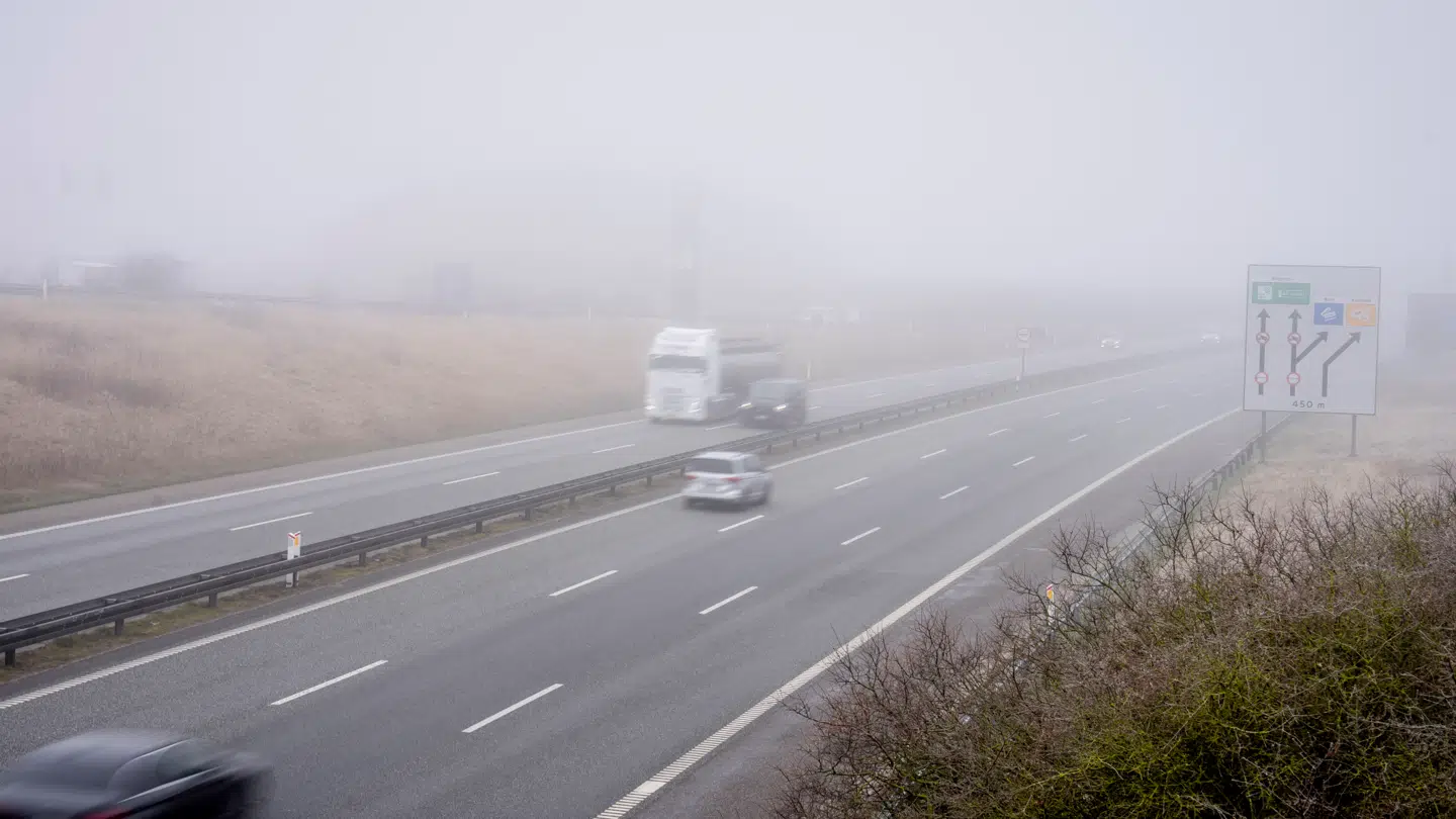 Tåge på motorvejen ved Korsør, fredag den 8. marts 2024.. (arkivfoto)