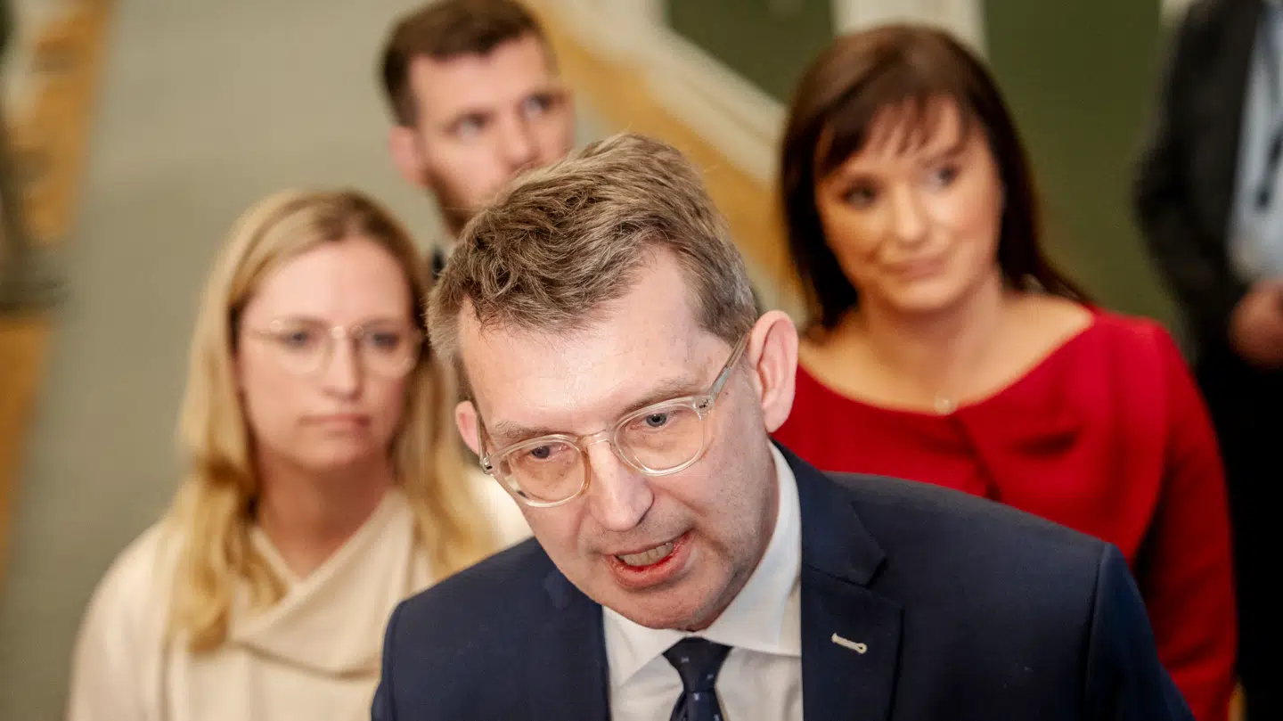 Venstres Troels Lund Poulsen, Sophie Løhde, Stephanie Lohse og Morten Dahlin efter regeringsforhandlinger på Christiansborg.