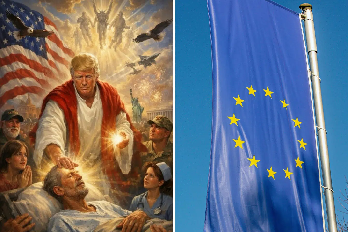 Til venstre ses Donald Trump som Jesus. AI-genereret billede delt af USAs præsident 13. april 2026.