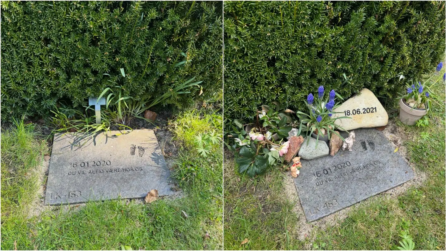 Til venstre ses den tomme gravsten, som Tim Myhrvold fredag har besøgt.
