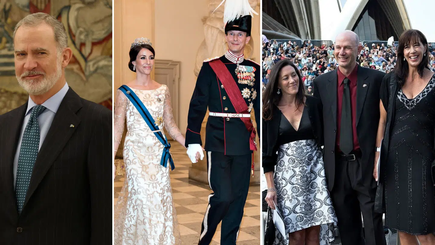 Den spanske kong Felipe, danske prins Joachims hustru prinsesse Marie, samt dronning Marys søskende Patricia Bailey, John Stuart Donaldson og Jane Stephens kan tænkes at komme til prins Vincent og prinsesse Josephines konfirmation denne lørdag. Fotos: Ritzau Scanpix
