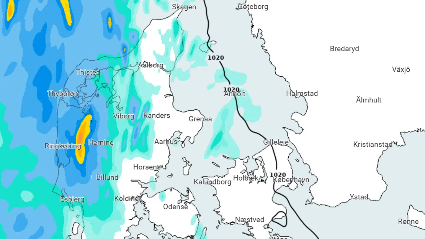 Kortet viser nedbøger kl. 15.15.