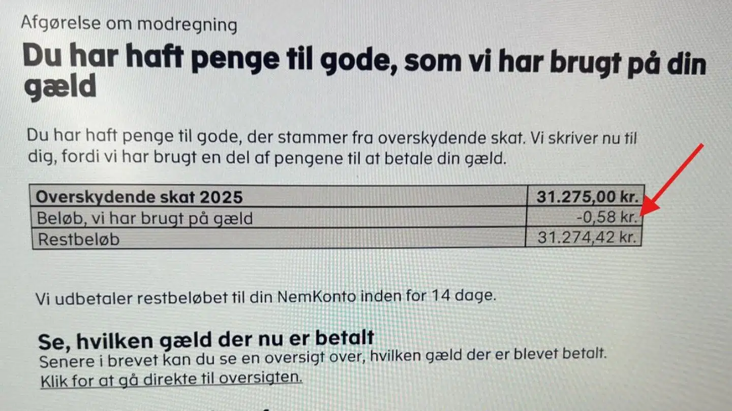 Her ses den besked Birgitte Nymann 20. april fik fra Gældsstyrelsen.